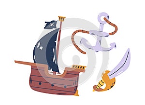 Pirate Items Set, Ship with Black Sails, Gleaming Cutlass and Anchor Creating An Iconic Swashbuckler Look For Daring