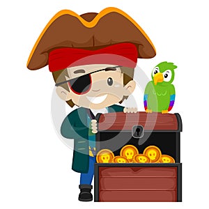 Pirate Kid and Parrot with Treasure Chest