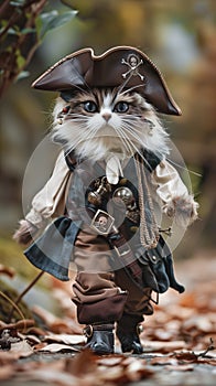 Pirate kitty portrait in full costume walking toward the camera