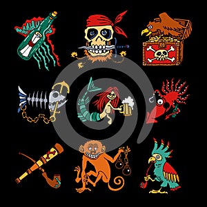 Pirate Legends cartoon icons on black background