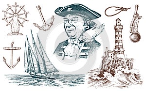 Pirate and Lighthouse and sea captain, marine sailor, nautical travel by ship. engraved hand drawn vintage style. summer