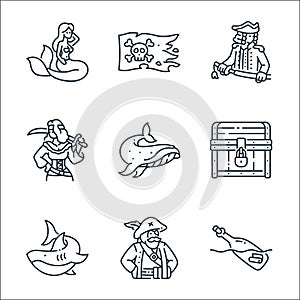 pirate line icons. linear set. quality vector line set such as bottle, pirate, shark, treasure, whale, pirate, navy, flag