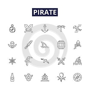 Pirate line vector icons and signs. Robber, Buccaneer, Seafarer, Plunder, Scallywag, Harbour, Galleon, Loot outline photo