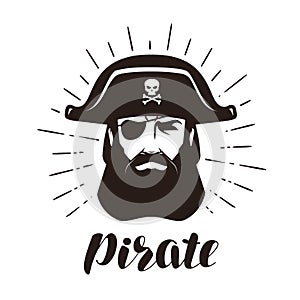 Pirate logo or label. Portrait of bearded one-eyed filibuster in hat. Vector illustration