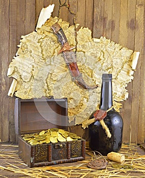 Pirate map with knife and gold