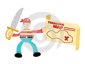 pirate and map mark treasure cartoon doodle flat design vector illustration