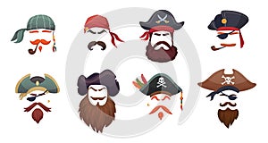 Pirate masks. Carnival sea pirates faces mask, cartoon bandana corsair head sea pirate costume cap beard and hair for