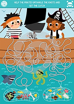 Pirate maze for kids with ship, sea and kid sailors. Treasure hunt preschool printable activity. Sea adventures labyrinth game or