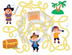 Pirate maze for kids. Treasure hunt preschool activity. Help the pirate get to the treasures