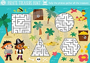 Pirate maze for kids. Treasure hunt preschool printable activity with cute kids gathering treasures. Sea adventures geometrical