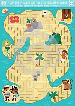 Pirate maze for kids with tropical treasure island and cute kid pirates. Treasure hunt preschool printable activity. Sea