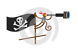 Pirate monkey holding spyglass, flag with skeleton symbol. Sailing ship with piratic emblem on black flag, animal on