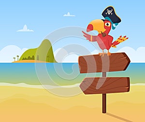 Pirate parrot. Funny colored bird arara sitting on wood sign direction vector background illustration in cartoon style