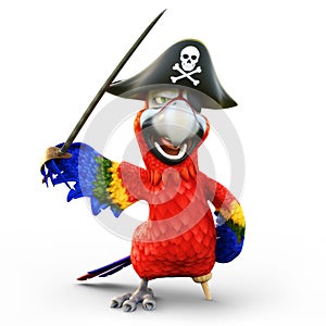 Pirate Parrot with peg leg, posing with a hat, patch and sword on an isolated white background.