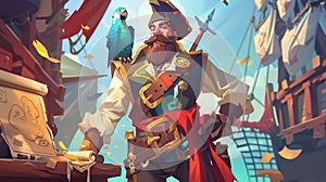 Pirate with parrot in ship cabin. Modern illustration of cartoon one-eyed corsair with golden watch in hand, pet bird on