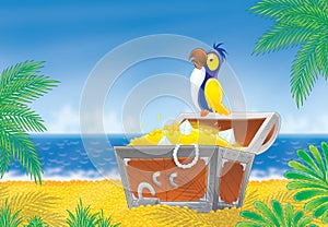 Pirate parrot and treasure chest