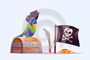 Pirate parrot, treasure chest, sword, black flag