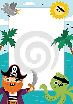 Pirate party greeting card template with cute captain, marine landscape and palm trees. Treasure island vertical poster or