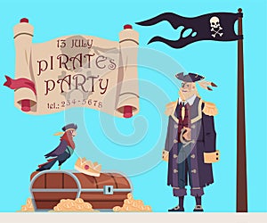 Pirate party invitation banner. Filibuster captain. Treasure chest. Gold coins and crown. Corsairs parrot. Crossbones