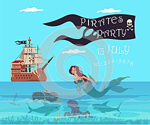 Pirate party invitation banner. Filibuster wooden ship. Sailing boat. Mermaid in sea waves. Treasure chest. Buccaneers