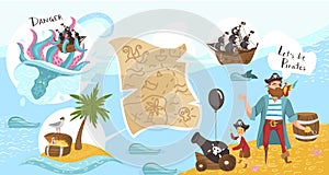 Pirate party for kids, games on piratical ship, buccaneers cartoon characters flat vector illustration with treasure map photo