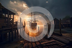 Pirate port overlooking old sailing ship in sea at sunset, generative AI