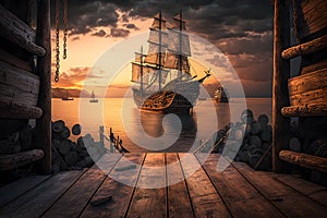 Pirate port overlooking old sailing ships in sea at sunset, generative AI