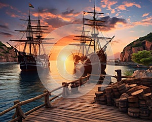 The pirate port overlooks an old sling ship in the sunset.