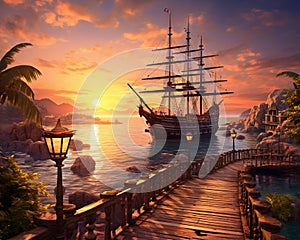The pirate port overlooks old sling ships at sunset.