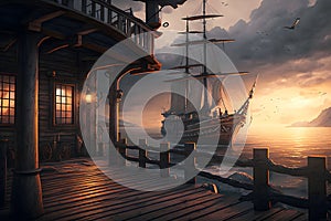 Pirate port with tavern overlooking old sailing ships in sea at sunset, generative AI