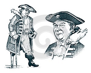 Pirate portrait. Captain man on ship traveling through the oceans and seas. Marine adventure of sailor hook. engraved