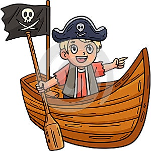 Pirate in a Rowboat Cartoon Colored Clipart