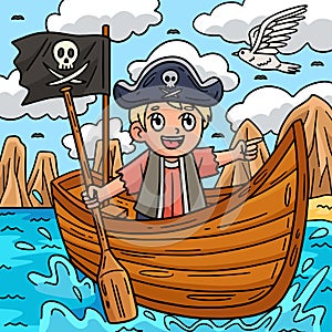 Pirate in a Rowboat Colored Cartoon Illustration