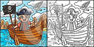 Pirate in a Rowboat Coloring Colored Illustration