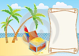 Pirate's treasure with parrot and palms.