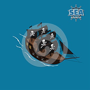 Pirate sailer on a blue background. Sailboat in isometric style. 3d illustration of ancient ship. Corsair game photo