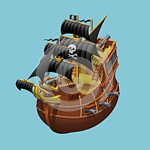 Pirate sailing old ship axonometric vector illustration