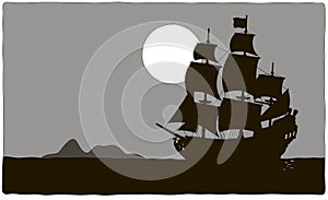 Pirate sailing ship near a treasure island
