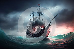 pirate sailing ship sailing through the storm. Generative AI