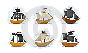 Pirate Sailing Ship with Square Rigged Masts Navigating Upon Water Vector Set