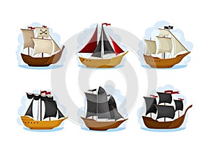 Pirate Sailing Ship with Square Rigged Masts Navigating Upon Water Vector Set