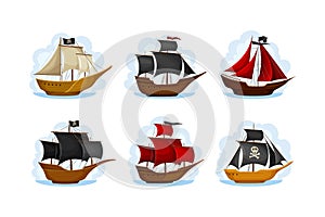 Pirate Sailing Ship with Square Rigged Masts Navigating Upon Water Vector Set