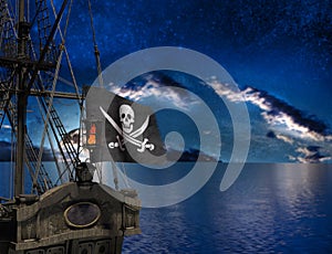 Pirate sailship with flag at moonlight