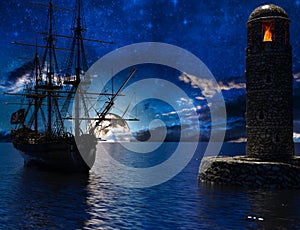 Pirate sailship near the old lighthouse with fire at moonlight