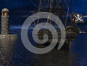 Pirate sailship near the old lighthouse with fire at moonlight