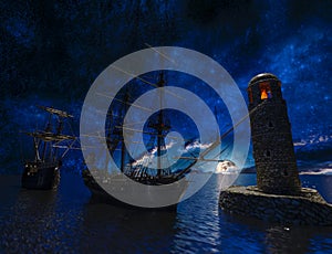 Pirate sailship near the old lighthouse with fire at moonlight