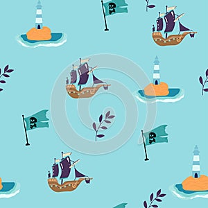 Pirate sea flat vector seamless pattern. Sailing backdrop. Anchor, map, compass, spyglass, bottle with rum and steering