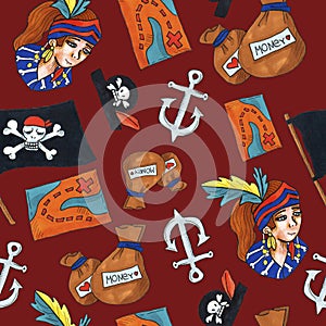 Pirate seamless pattern. colorful objects repeating background for web and print purpose.