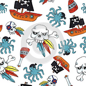 Pirate seamless pattern. colorful objects repeating background for web and print purpose.