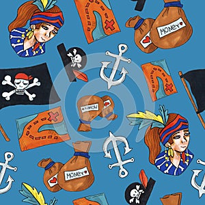 Pirate seamless pattern. colorful objects repeating background for web and print purpose.